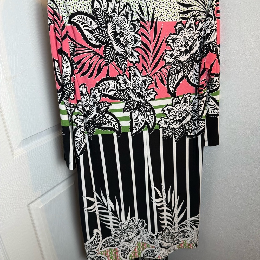 Donna Morgan Floral Print Midi Dress - Pink, Green, Black - Picture 4 of 9